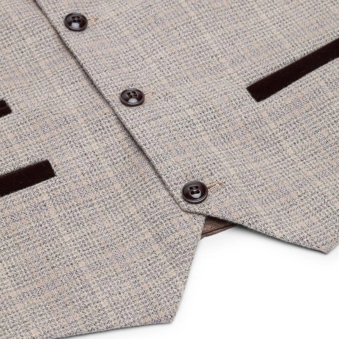 Boys Check Tweed Beige Brown 3 Piece Suit Wedding Vintage Retro Classic