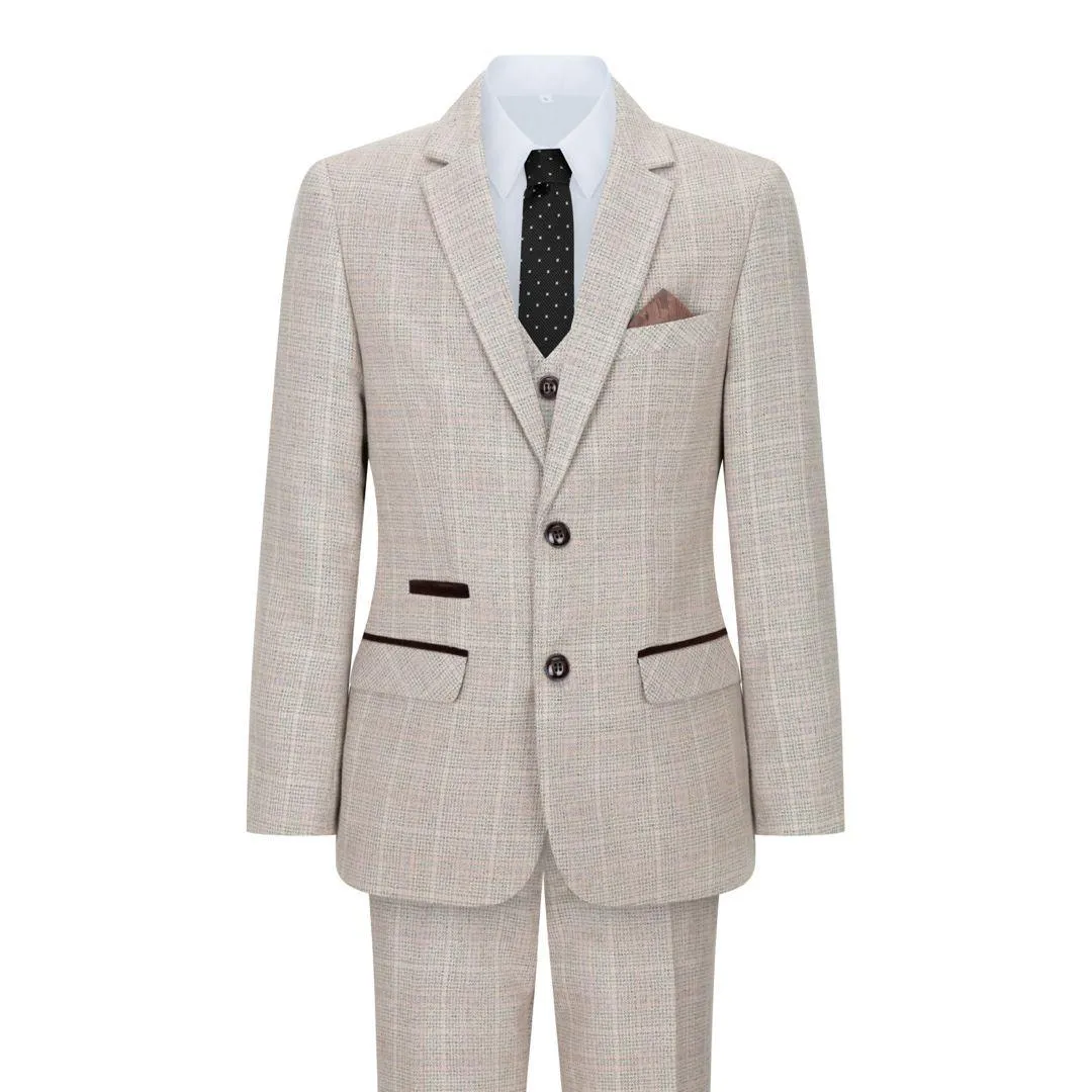 Boys Check Tweed Beige Brown 3 Piece Suit Wedding Vintage Retro Classic