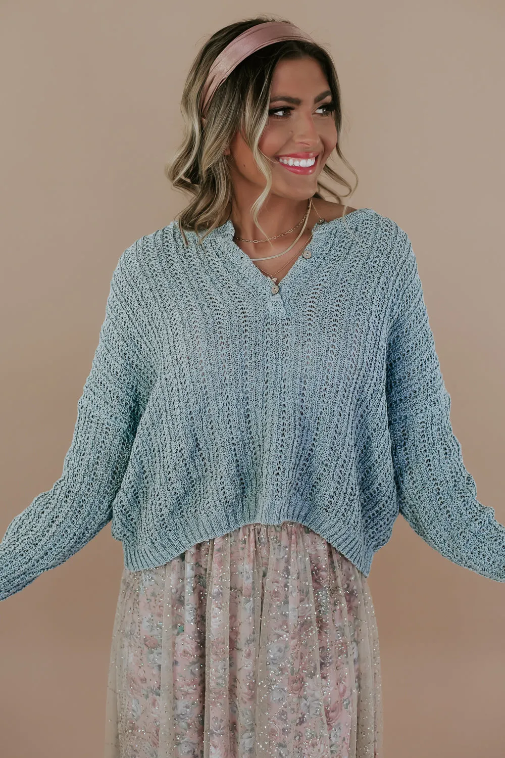 Button Relaxed Crochet Sweater, Mint