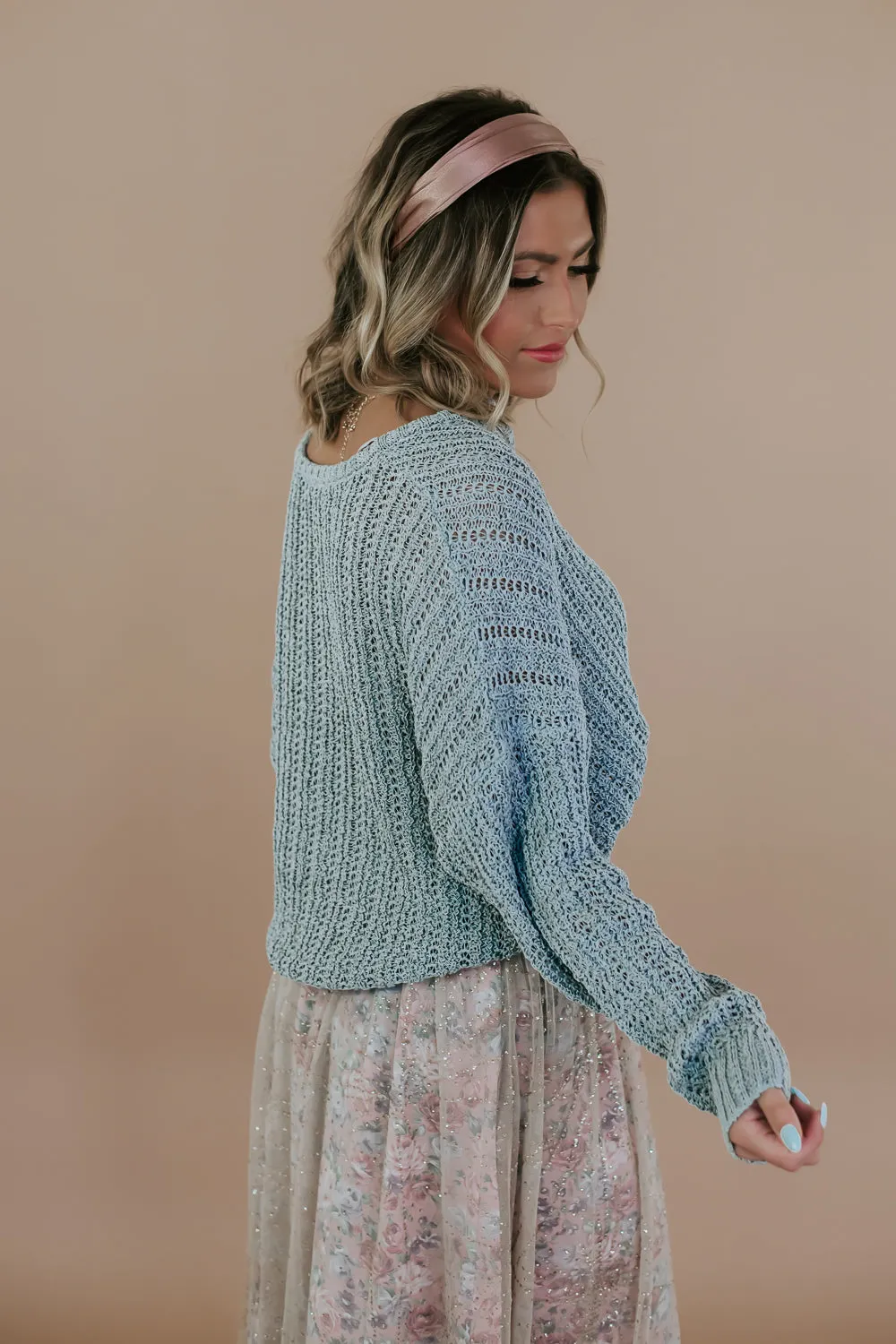 Button Relaxed Crochet Sweater, Mint