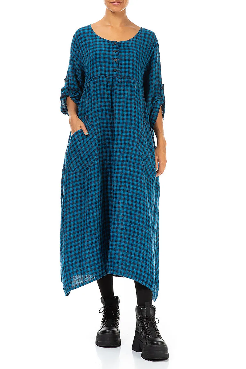 Buttoned Blue Check Linen Dress