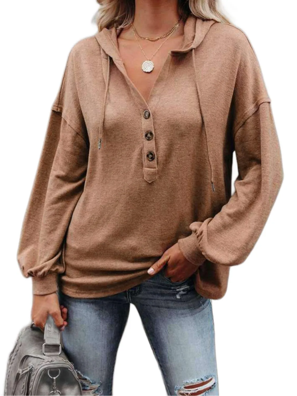 Buttoned Drop Shoulder Hoodie