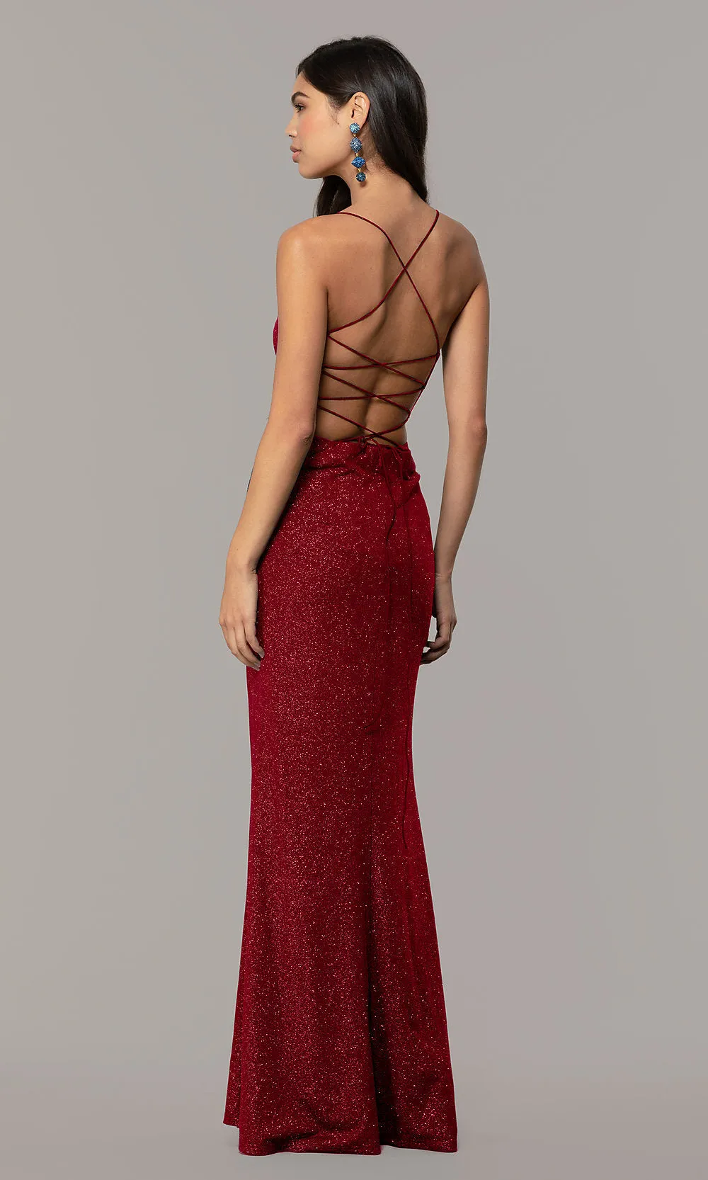 Caged-Back Corset Long V-Neck Sparkly Formal Dress