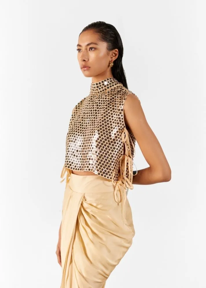 Champagne Embroidered Top & Draped Skirt