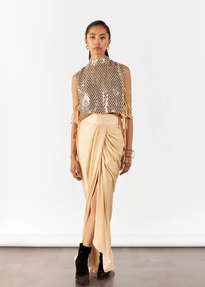 Champagne Embroidered Top & Draped Skirt