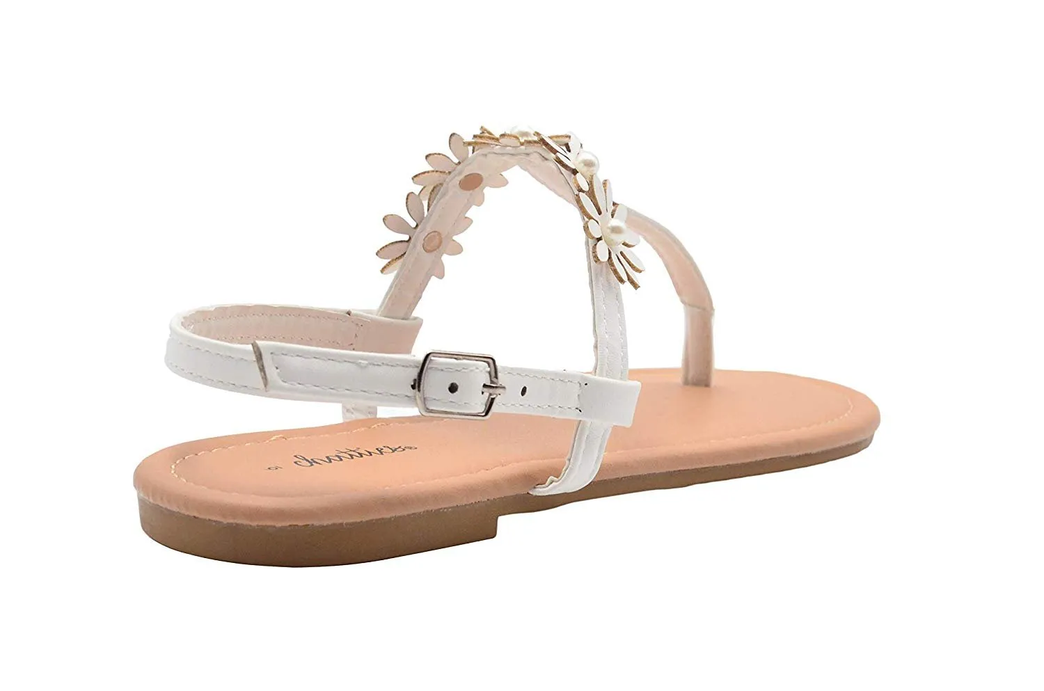 Chatties Ladies Fashion Sandals Pu T Strap Summer Flat with Pearl & Flowers