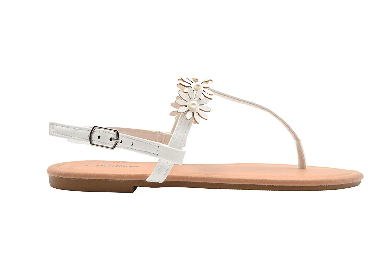 Chatties Ladies Fashion Sandals Pu T Strap Summer Flat with Pearl & Flowers