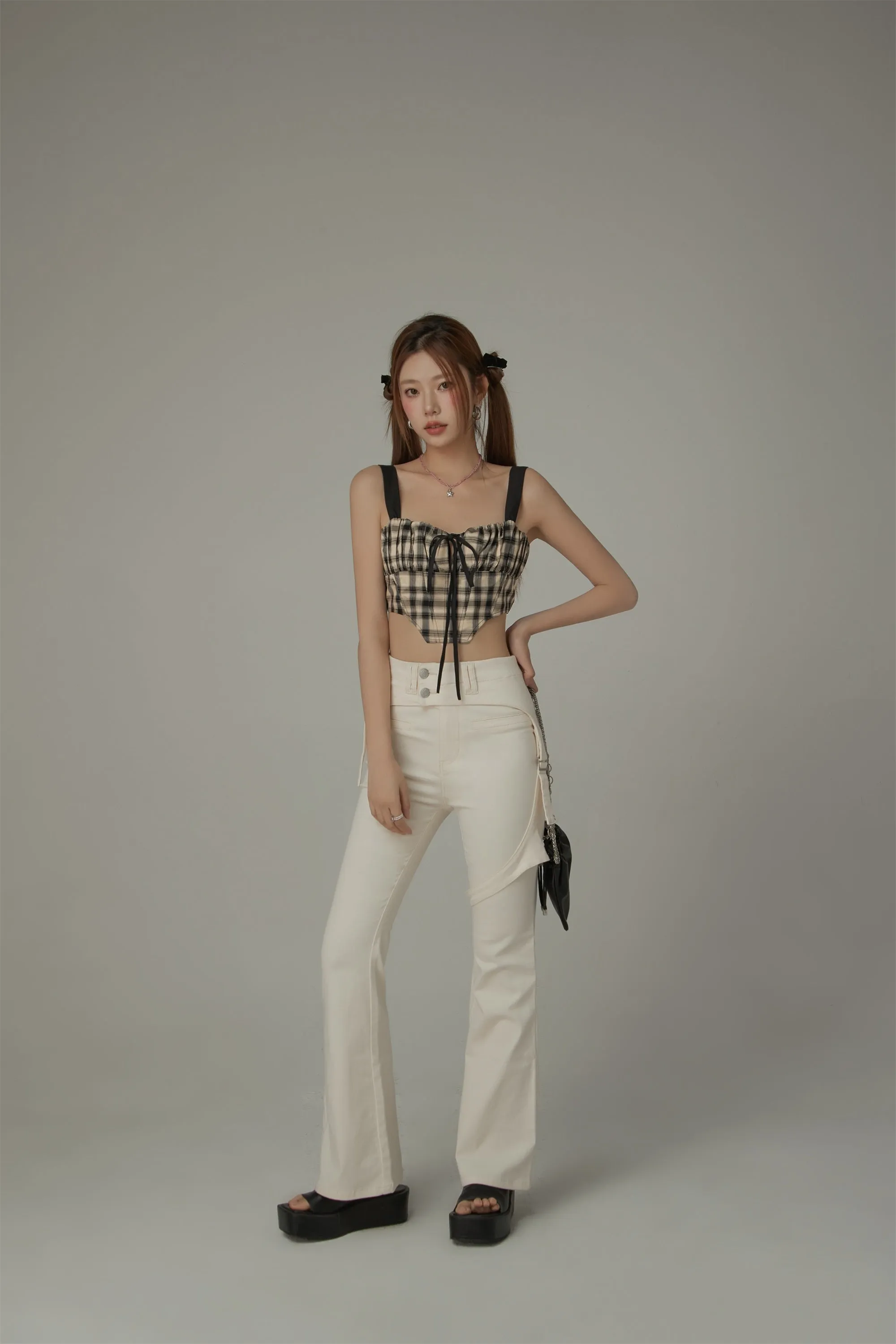 Check Ribbon Sleeveless Bustier Top