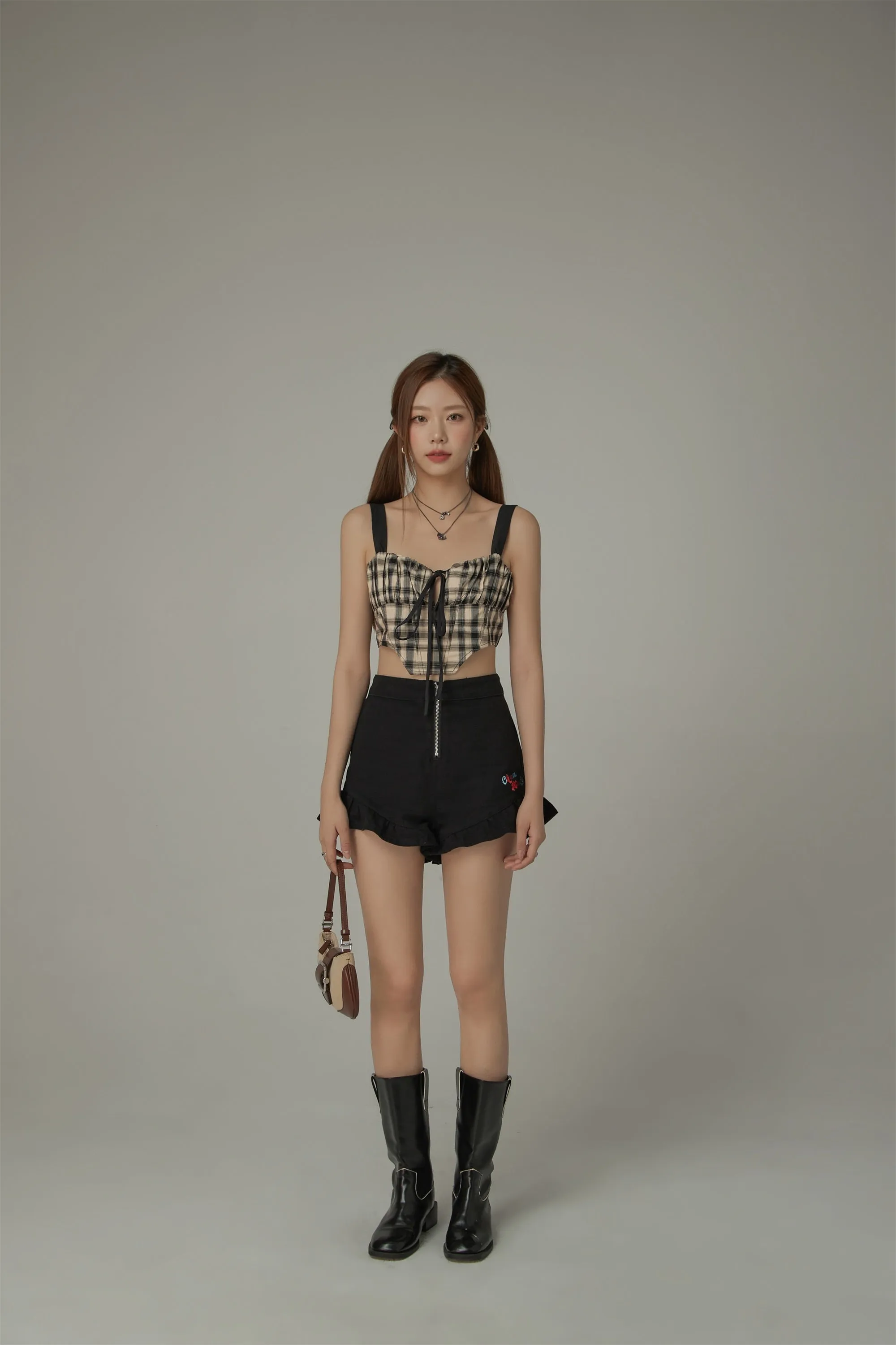 Check Ribbon Sleeveless Bustier Top