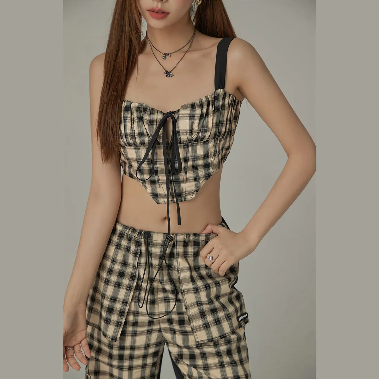 Check Ribbon Sleeveless Bustier Top