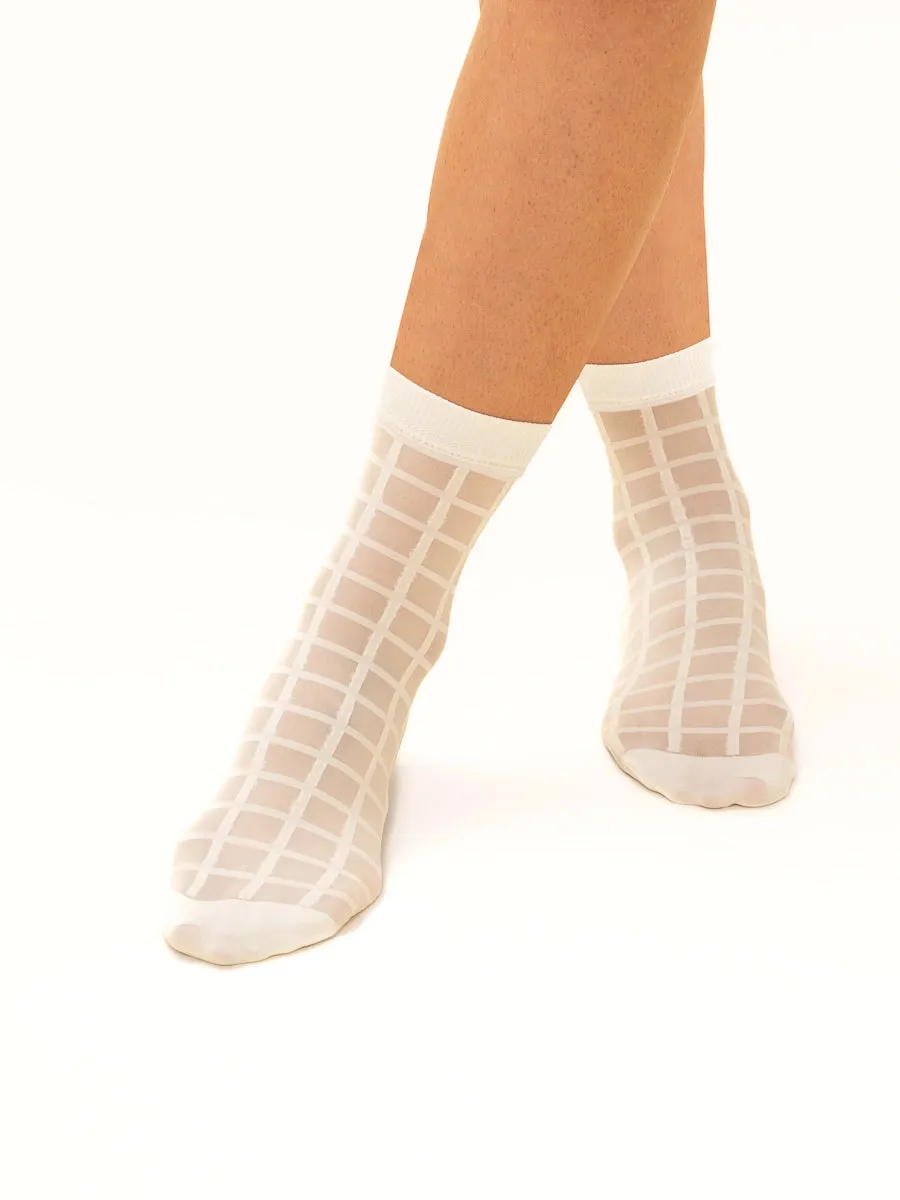 Checked Sheer Socks in Creamy White