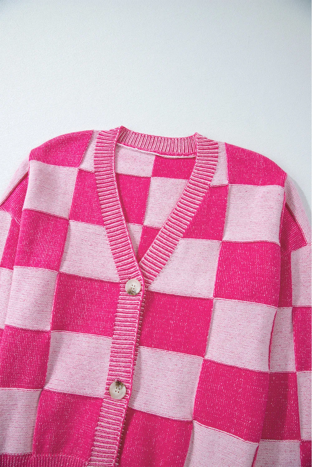 Checkered Drop Shoulder Buttoned V Neck Cardigan