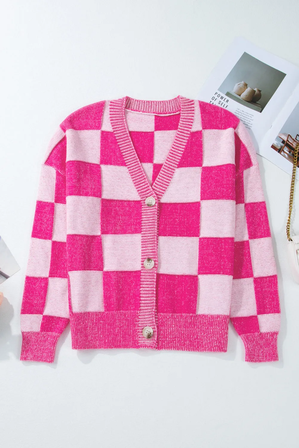 Checkered Drop Shoulder Buttoned V Neck Cardigan