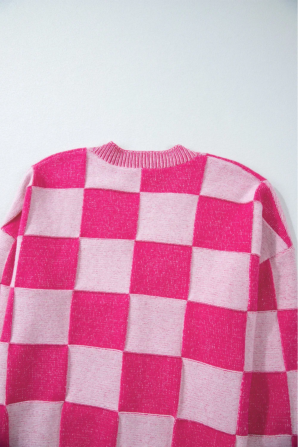 Checkered Drop Shoulder Buttoned V Neck Cardigan