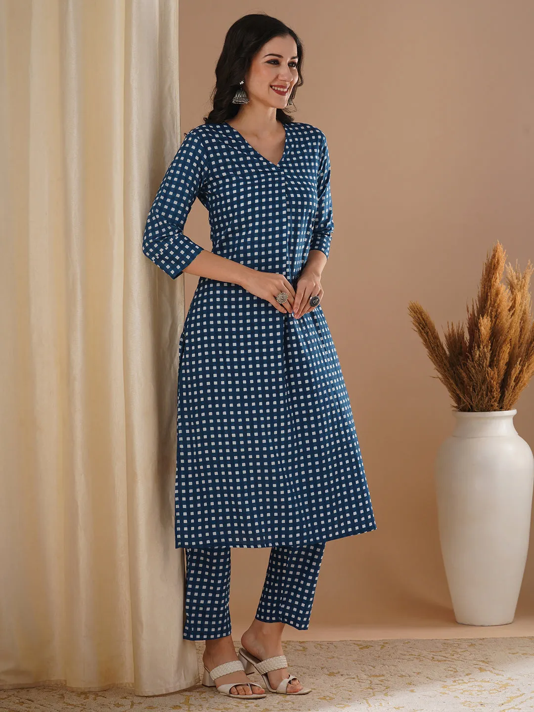 Checks Printed A-Line Co-ord Set - Blue