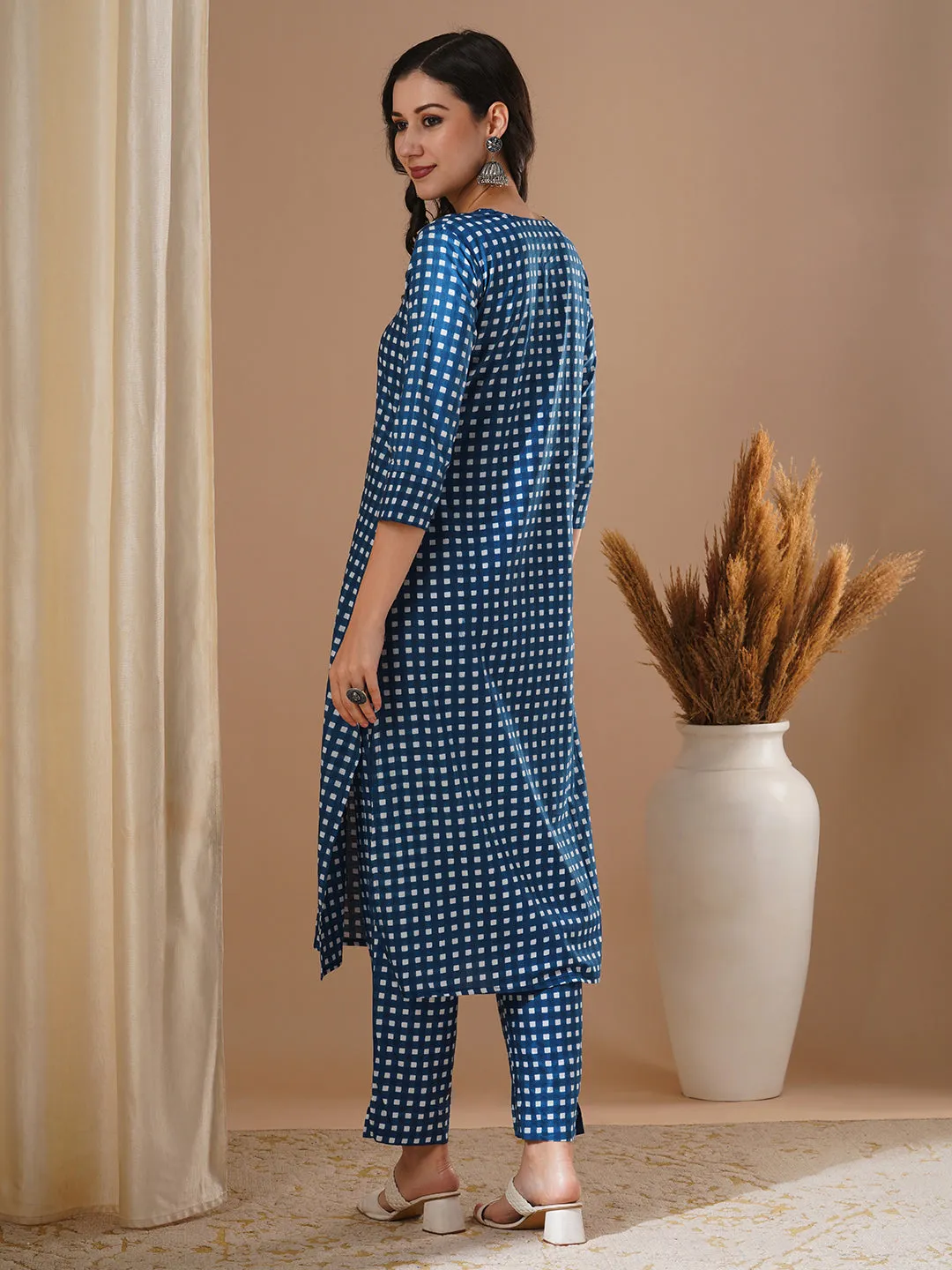 Checks Printed A-Line Co-ord Set - Blue