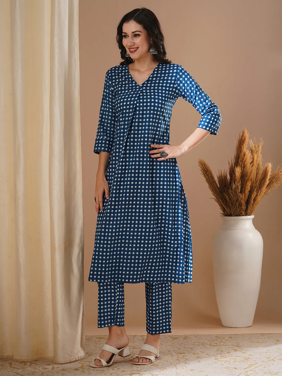 Checks Printed A-Line Co-ord Set - Blue