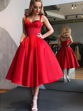 Chic Sexy Black And Red Spaghetti Strap Sweetheart A-line Midi Homecoming Dress, HD3061