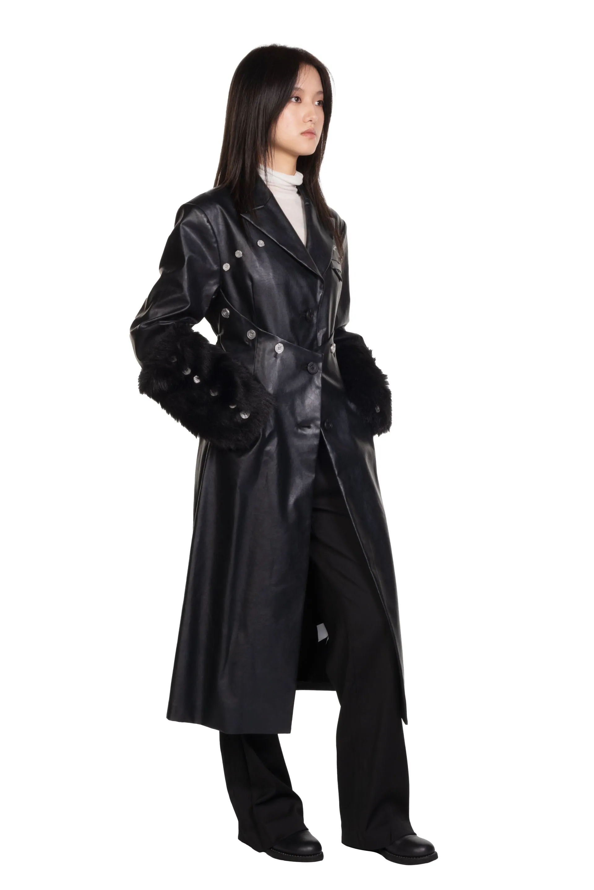 Circular Arc Buttoned Leather Coat