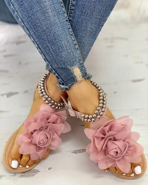 Comfortable Flower Pearly Strap Flat Sandal