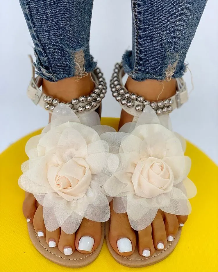 Comfortable Flower Pearly Strap Flat Sandal