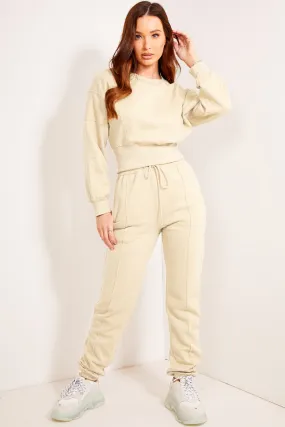 Cream Cropped Jumper and Joggers Tracksuit Set