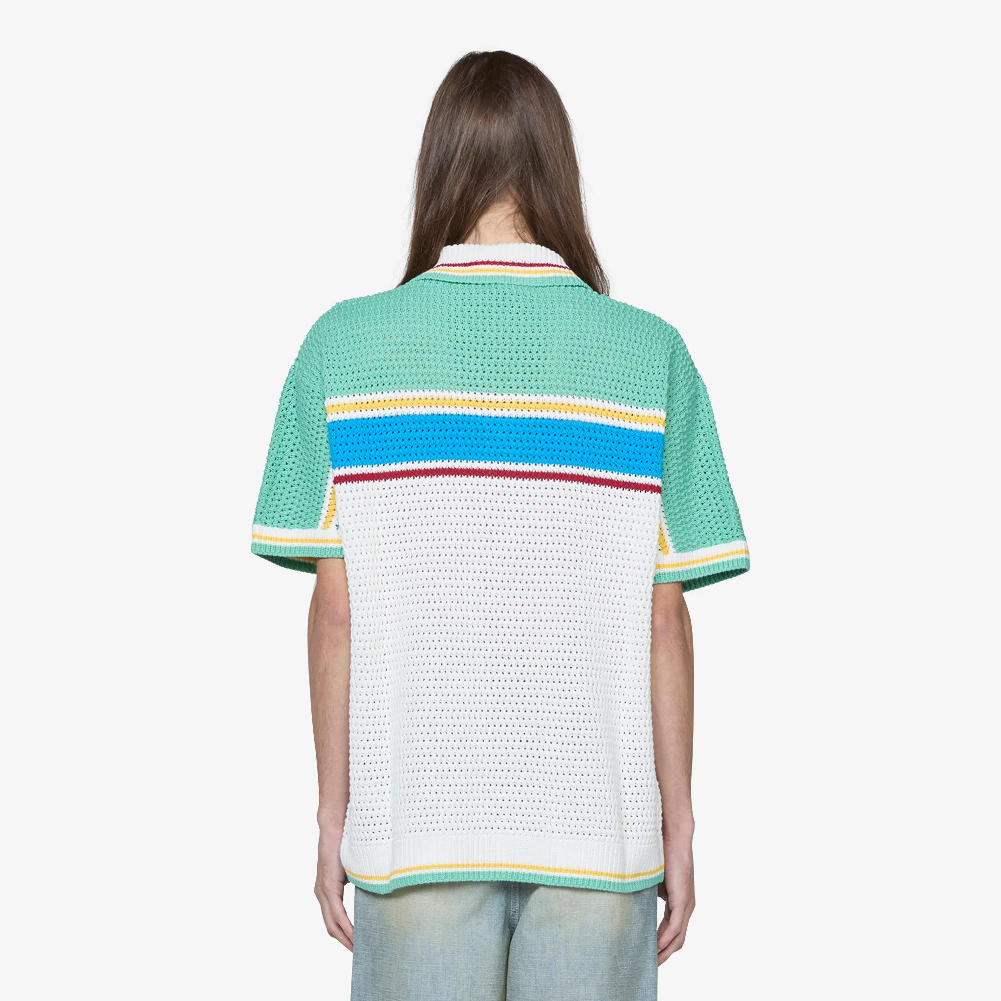 Crochet Effect Tennis Shirt White | Blue Multi