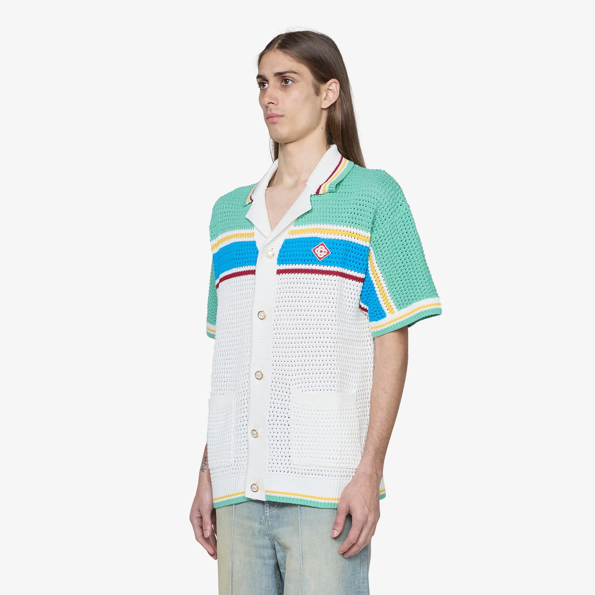 Crochet Effect Tennis Shirt White | Blue Multi