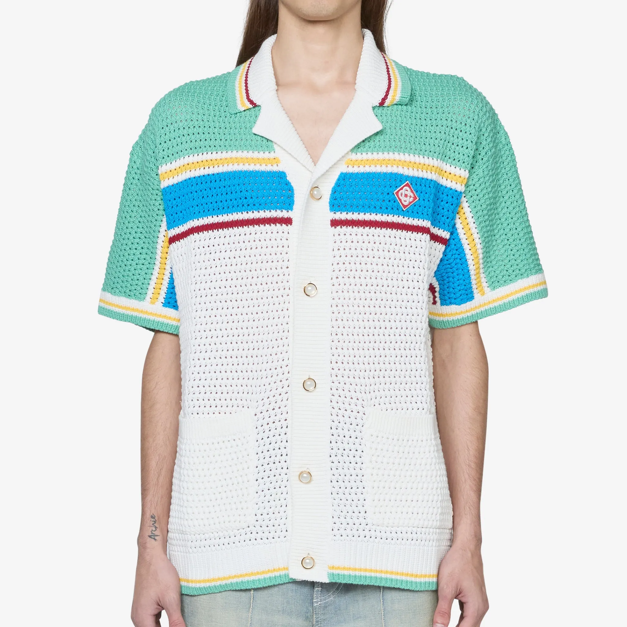 Crochet Effect Tennis Shirt White | Blue Multi