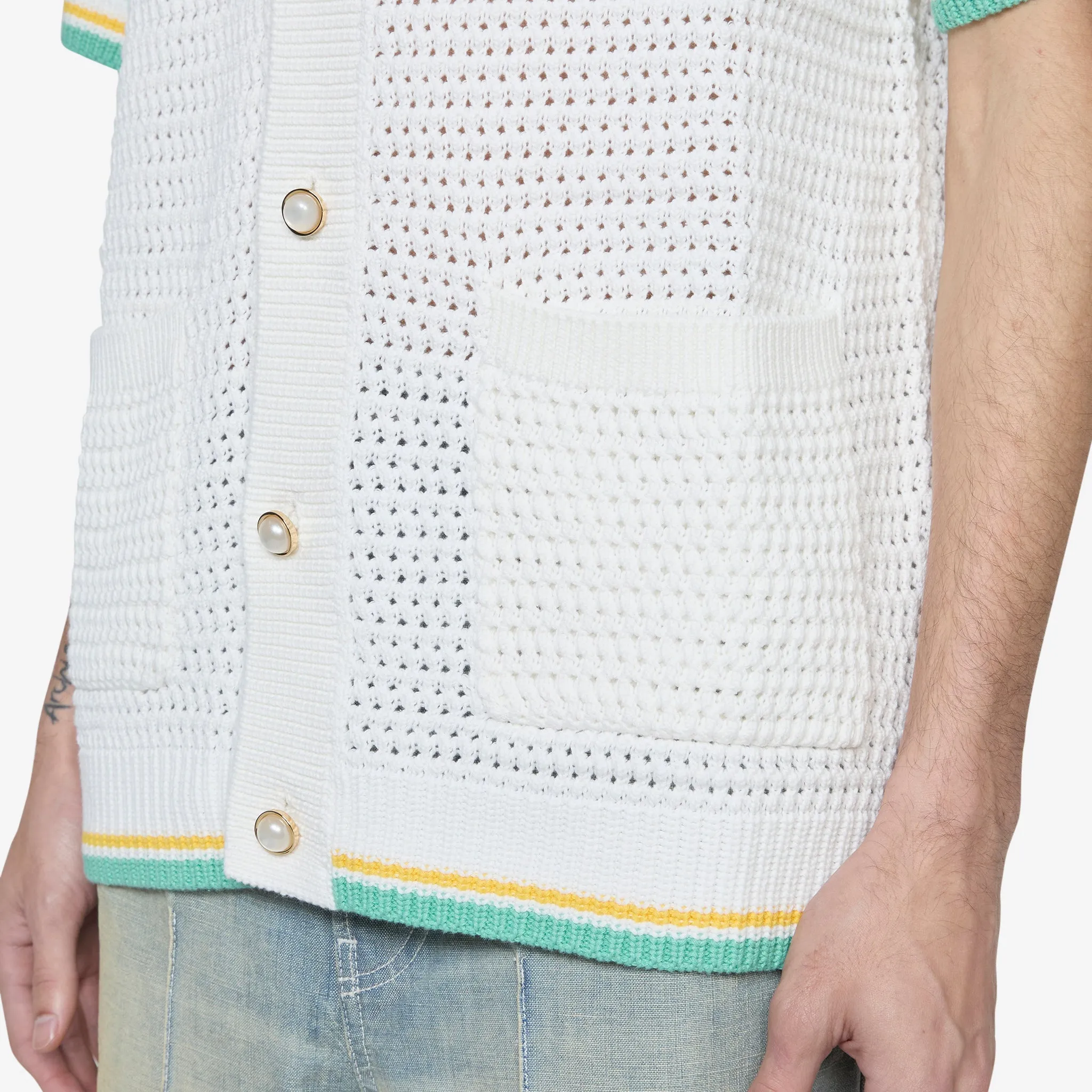 Crochet Effect Tennis Shirt White | Blue Multi