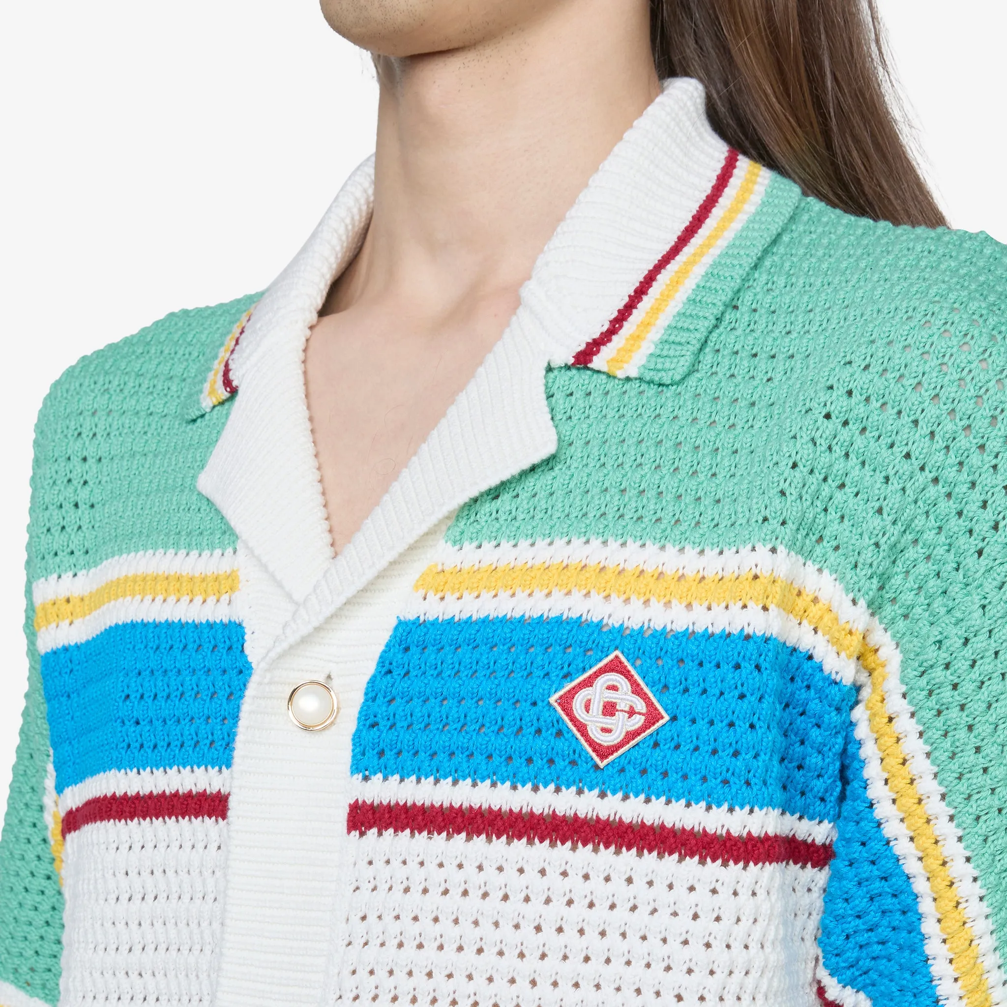 Crochet Effect Tennis Shirt White | Blue Multi