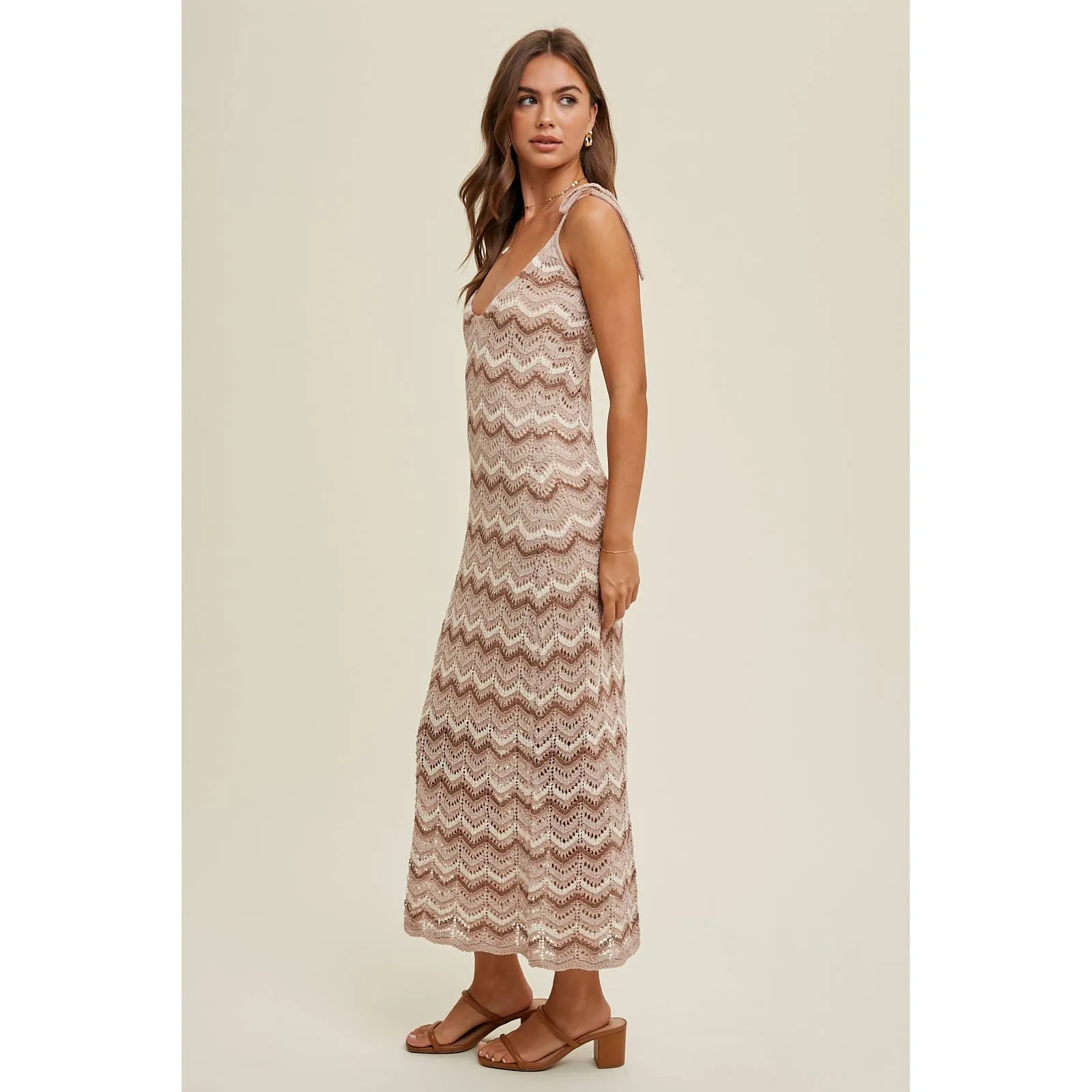 Crocheted Chevron Mocha Maxi Dress