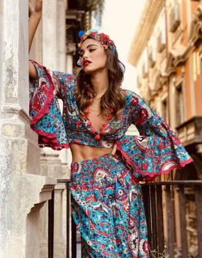 Crop Top & Palazzo Pant Set Tivoli in Blu Print