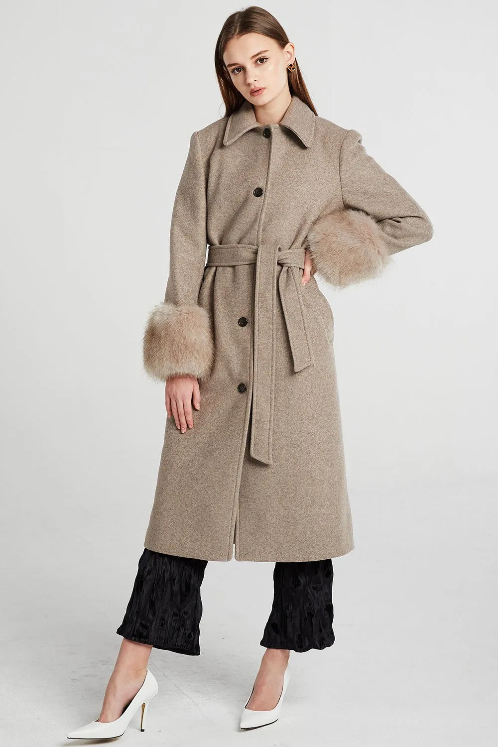 Dorothy Fur Cuff Long Coat w/Belt