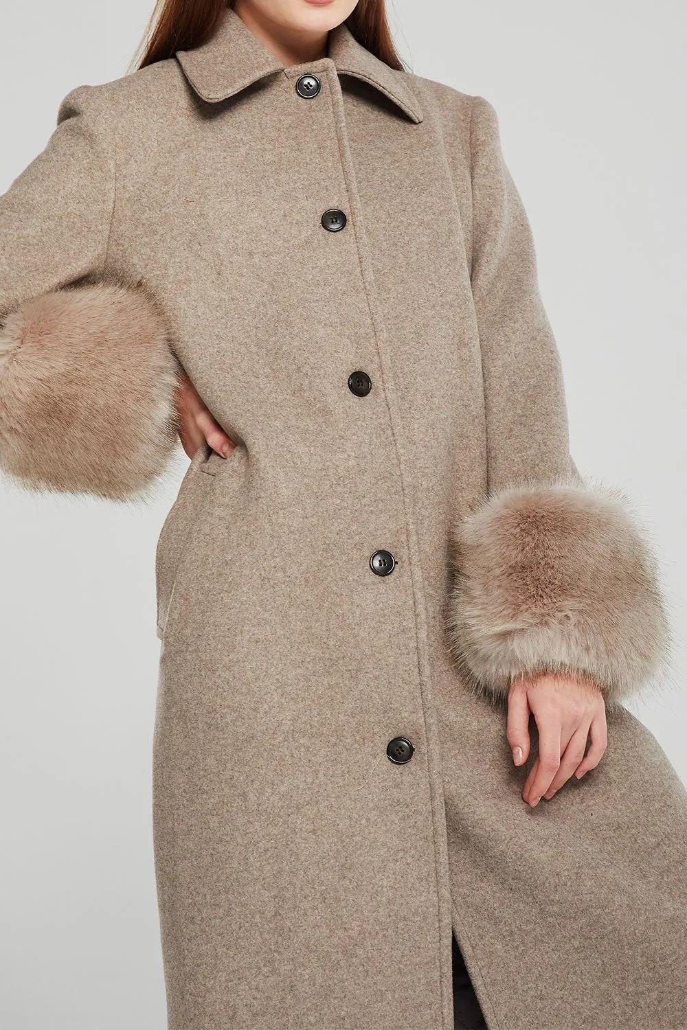 Dorothy Fur Cuff Long Coat w/Belt