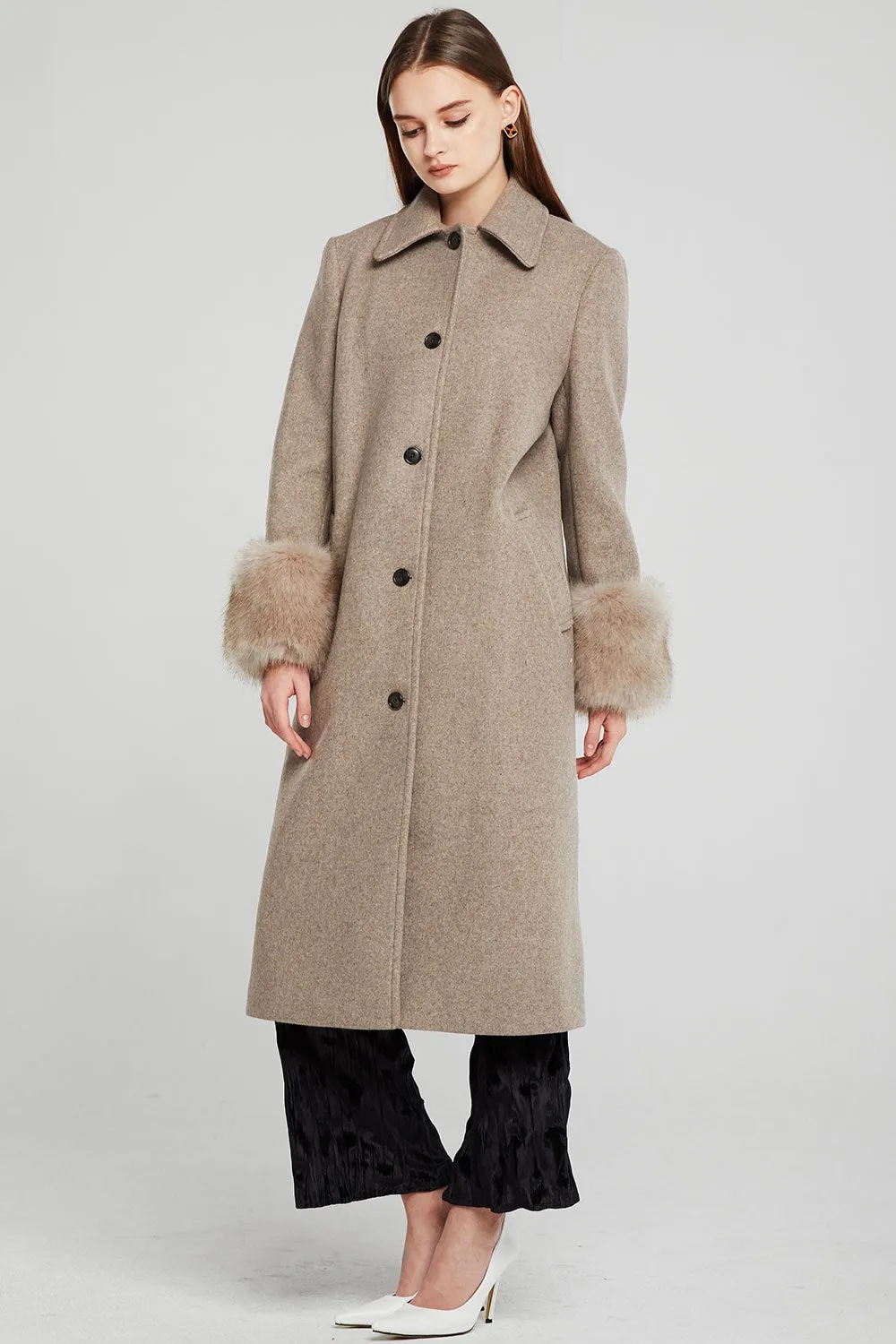 Dorothy Fur Cuff Long Coat w/Belt