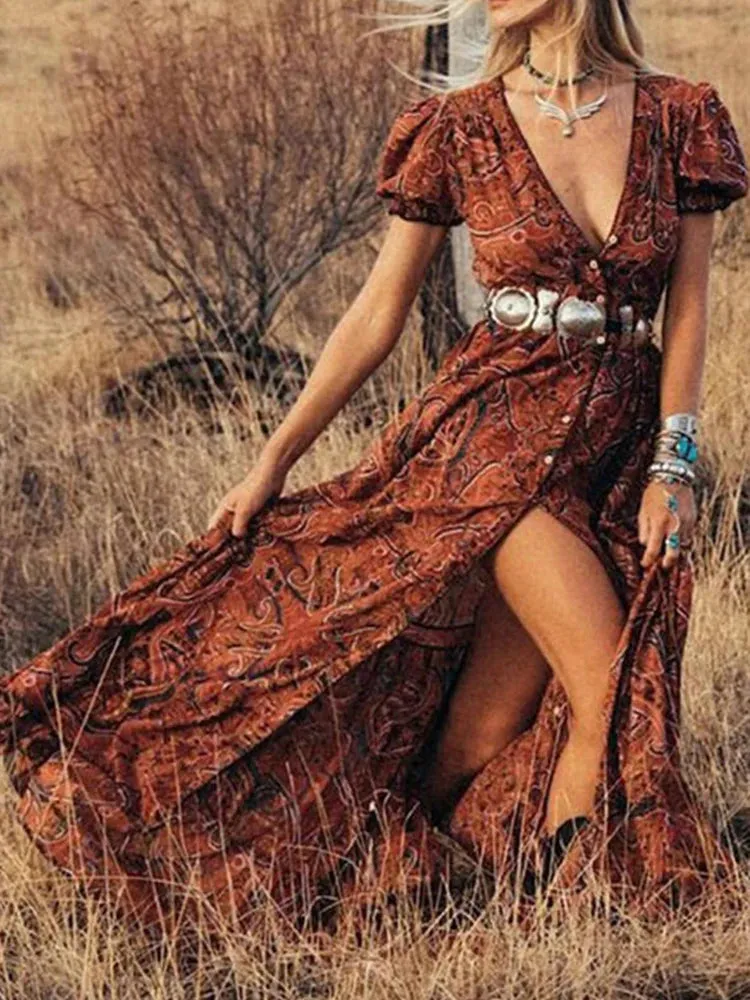 DressBetty - 2024 Elegant High-Waist Bohemian Floral Print Maxi Boho Dress