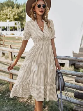 DressBetty - 2024 Elegant Striped V-Neck Lantern Sleeve Boho Dress