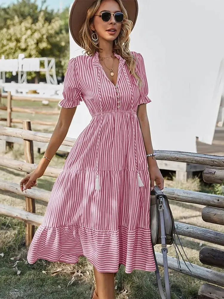 DressBetty - 2024 Elegant Striped V-Neck Lantern Sleeve Boho Dress