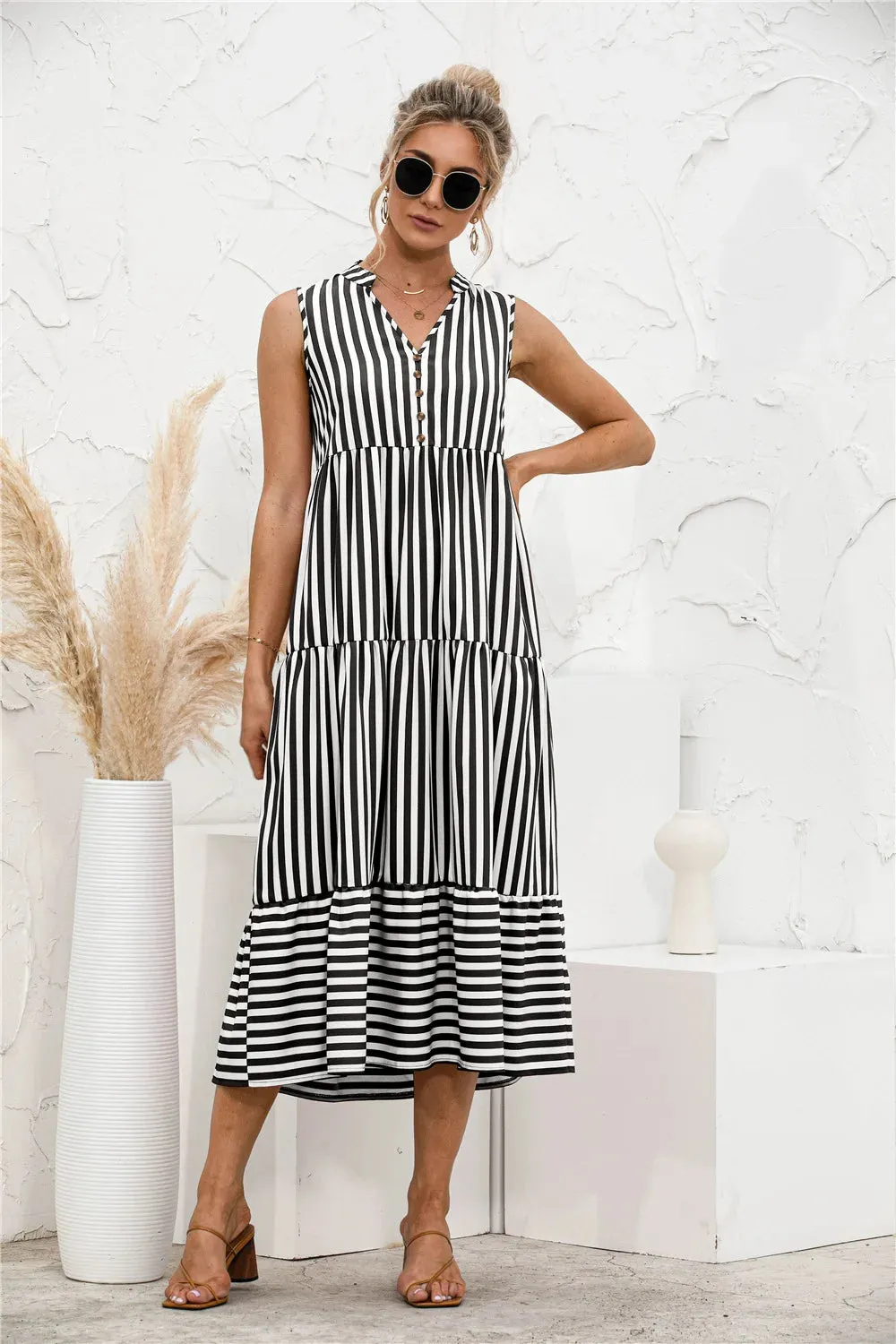 DressBetty - 2024 Elegant Striped V-Neck Lantern Sleeve Boho Dress