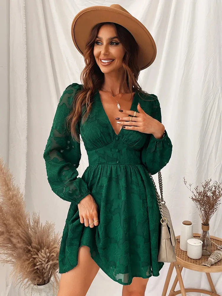 DressBetty - 2024 Sexy Long Sleeve Green Plunge A-Line Mini Boho Dress