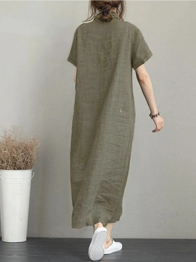 DressBetty - 2024 Summer Cotton Linen Vintage Casual Loose Mid-length Maxi Dress