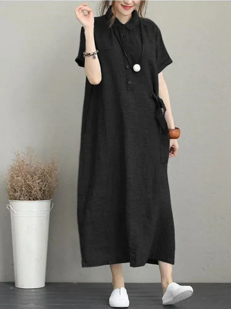 DressBetty - 2024 Summer Cotton Linen Vintage Casual Loose Mid-length Maxi Dress