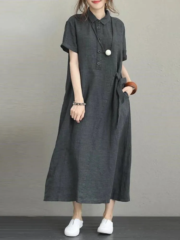 DressBetty - 2024 Summer Cotton Linen Vintage Casual Loose Mid-length Maxi Dress