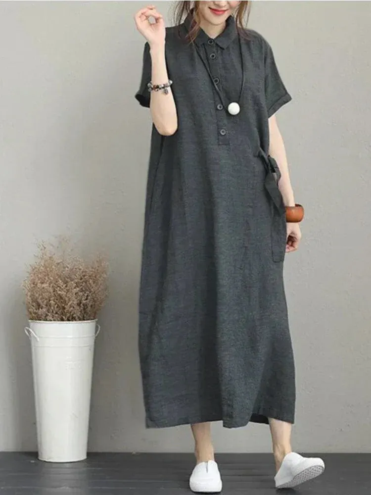 DressBetty - 2024 Summer Cotton Linen Vintage Casual Loose Mid-length Maxi Dress