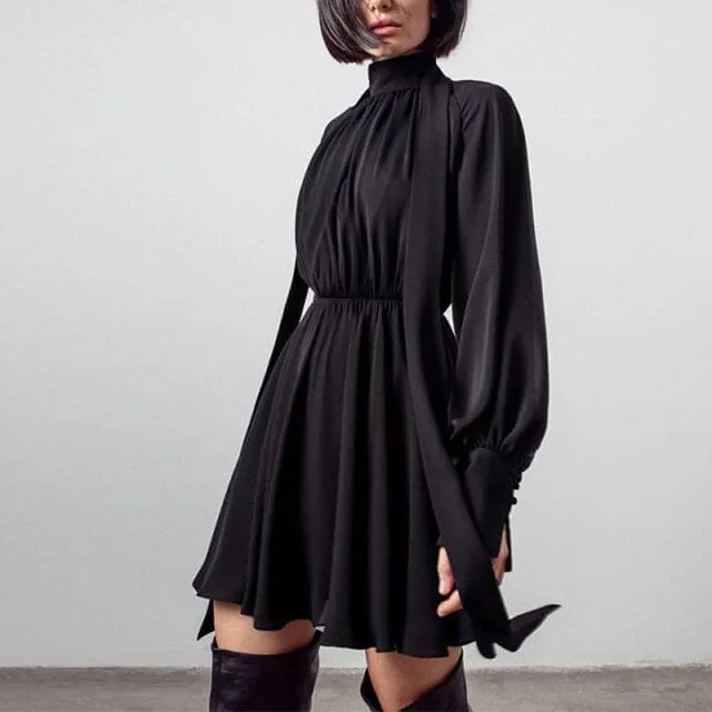 DressBetty - Classic Half High Collar Solid Long-sleeve Chiffon Dresses