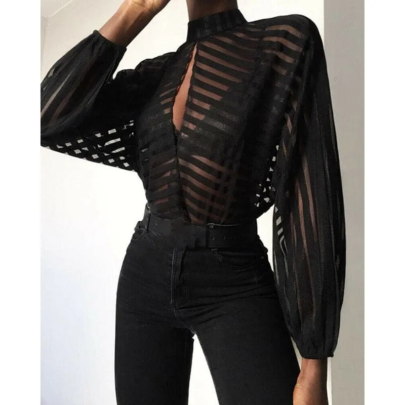 DressBetty - French Style Women Gauze Mesh Net Loose Blouse Sheer Long Sleeve Ladies Shirt Black Front Hollow Lantern Vague Sexy Look Stripe