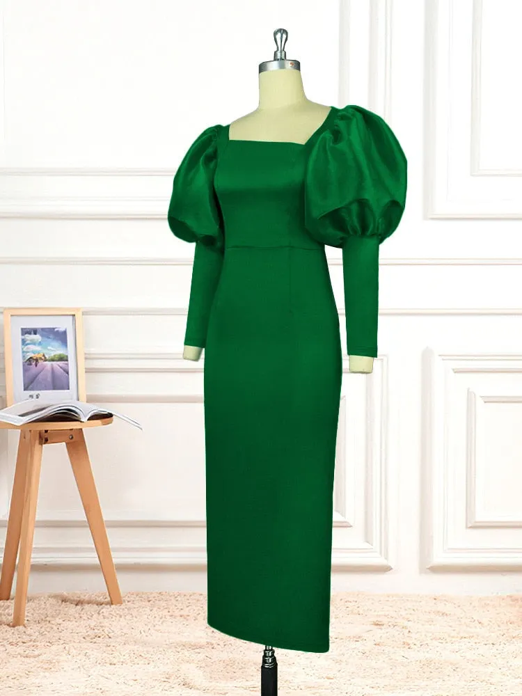 DressBetty - Green Long Dresses Square Collar Lantern Sleeve Evening Party Gowns