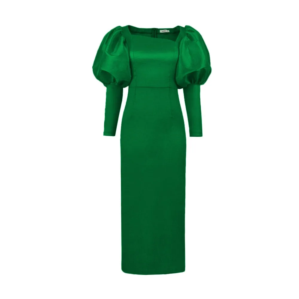 DressBetty - Green Long Dresses Square Collar Lantern Sleeve Evening Party Gowns