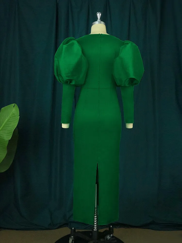 DressBetty - Green Long Dresses Square Collar Lantern Sleeve Evening Party Gowns